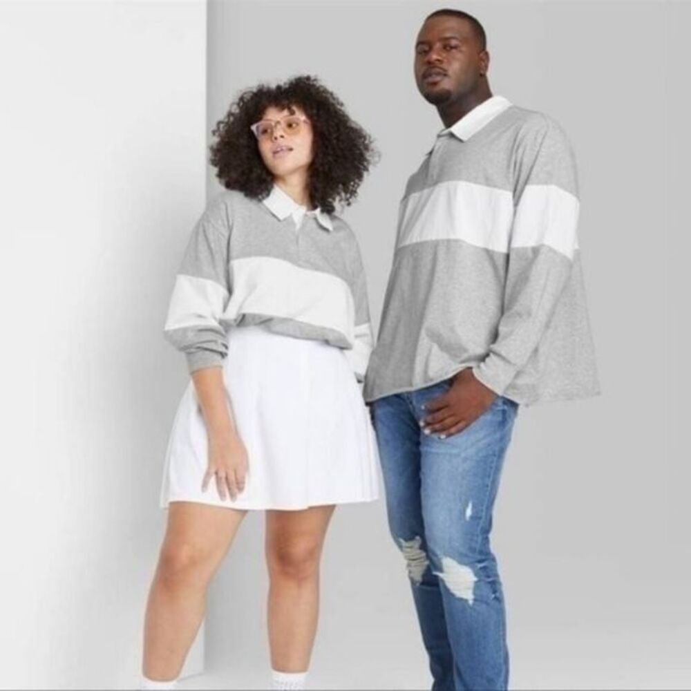 Wild Fable Long Sleeve Oversized Rugby Polo‎ T-Shirt Gray White Wide Stripe
